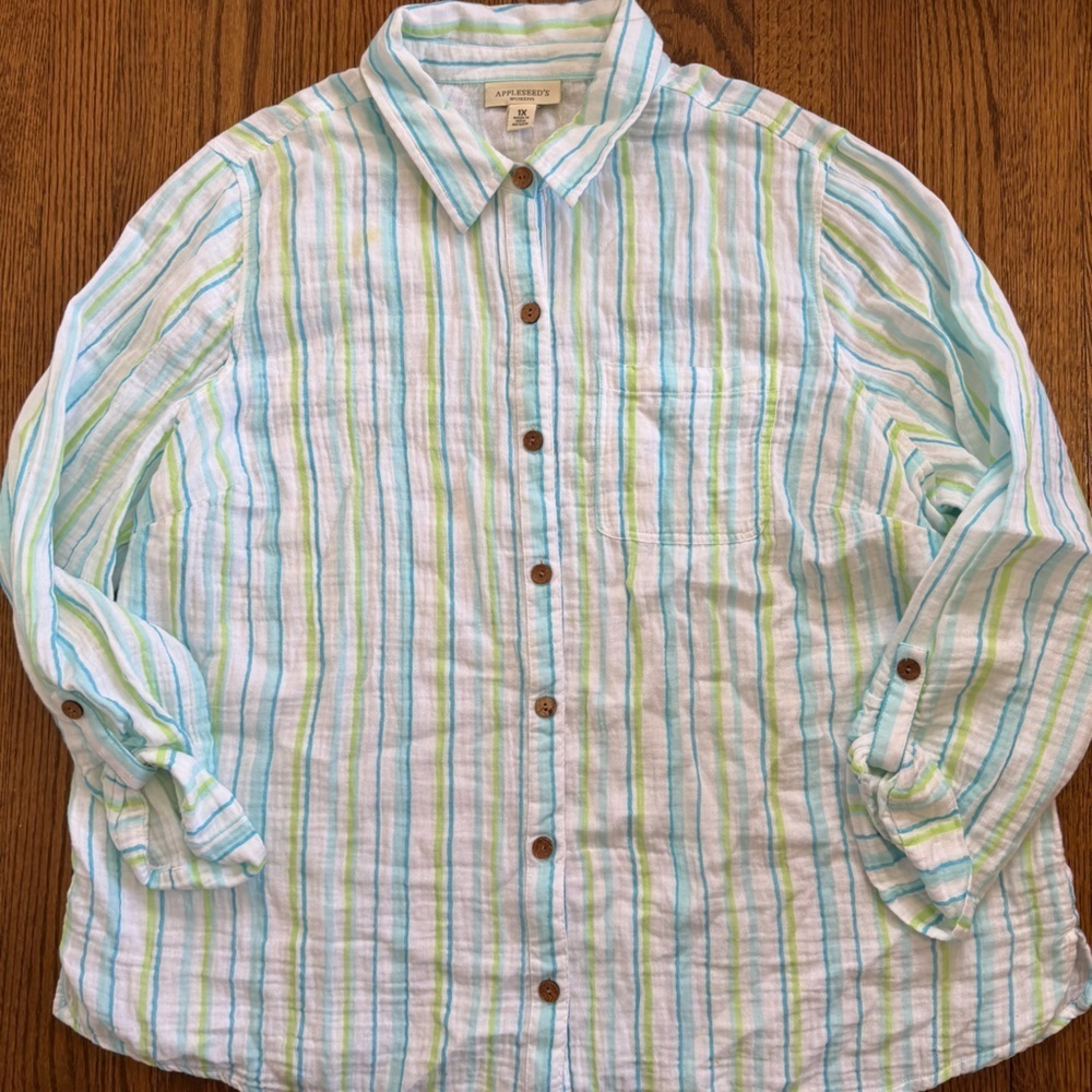 Appleseed's Womens White Striped Button Down Gauze Like Size 1X